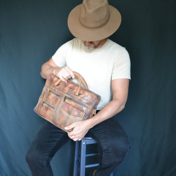 D&G leather briefcase laptop bag vintage painted dyed camo brown green gray blac - Picture 15 of 15